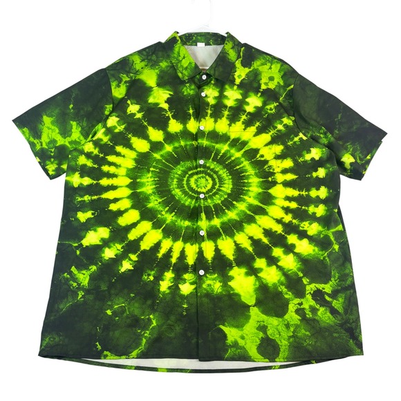 Other - Mens 2XL Neon Green Black Tie Dye Spiral Button Down Shirt Short Sleeve Festival